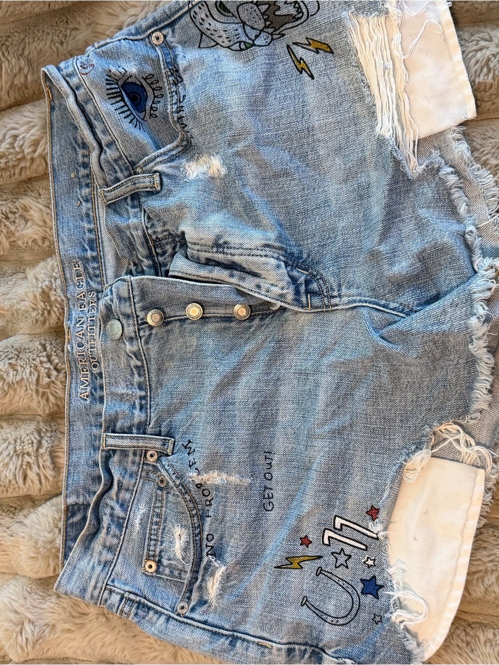 American Eagle Outfitters Light Blue Embroidered Distressed Denim Shorts